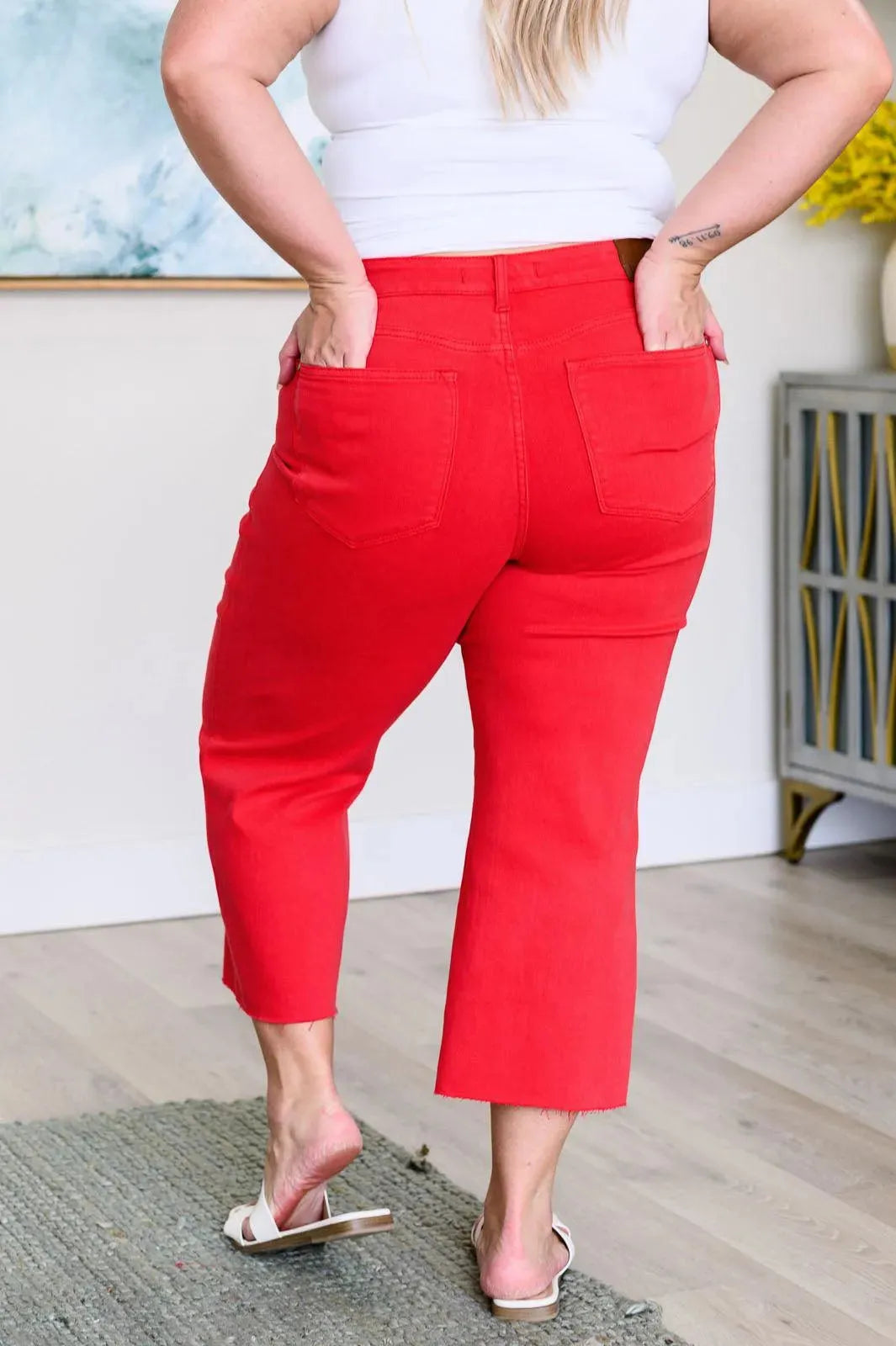 Judy Blue Denim Lisa High Rise Control Top Wide Leg Crop Jeans in Red - Whatever You Like Shop