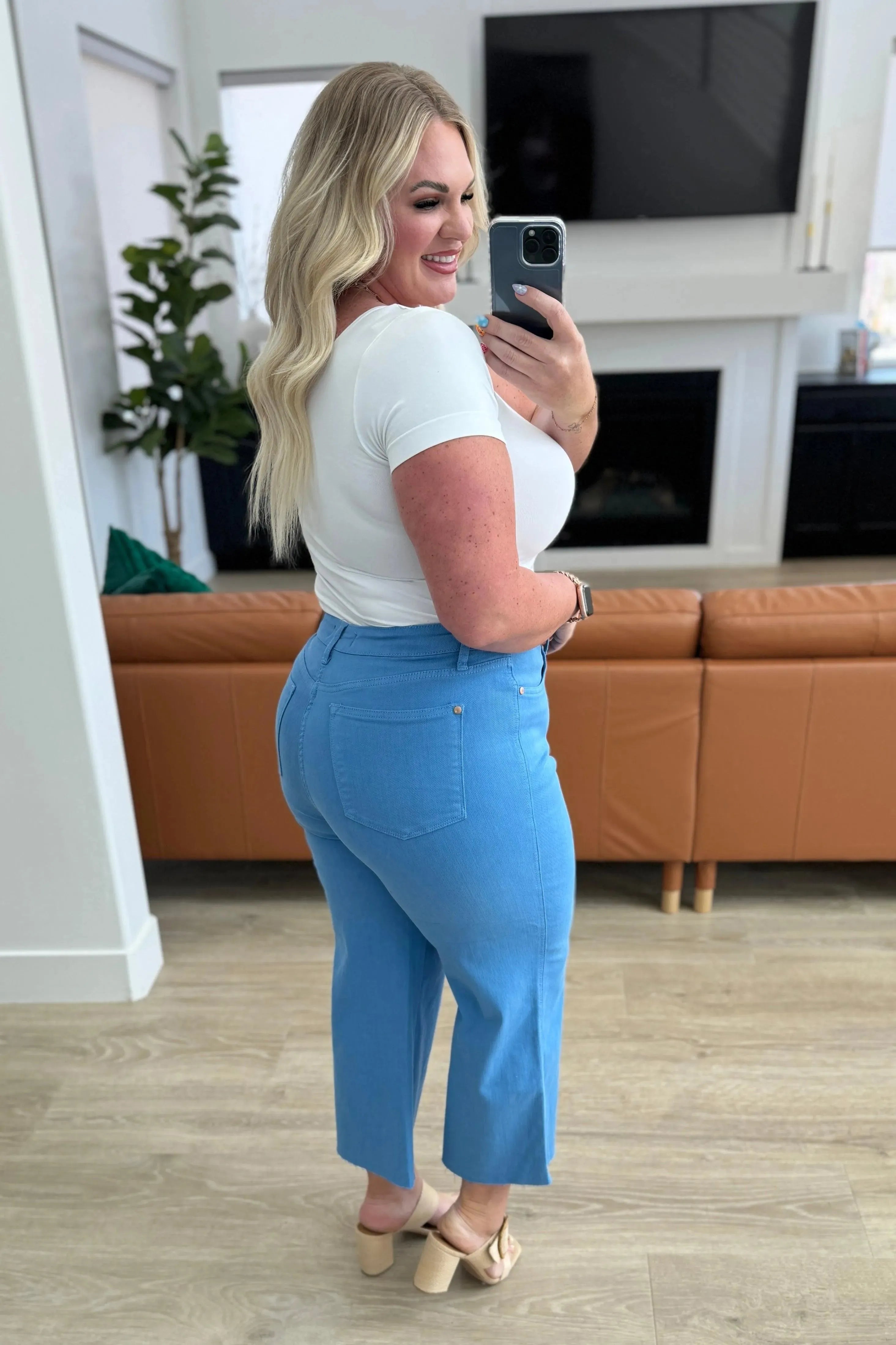 Judy Blue Denim Lisa High Rise Control Top Wide Leg Crop Jeans in Sky Blue - Whatever You Like Shop