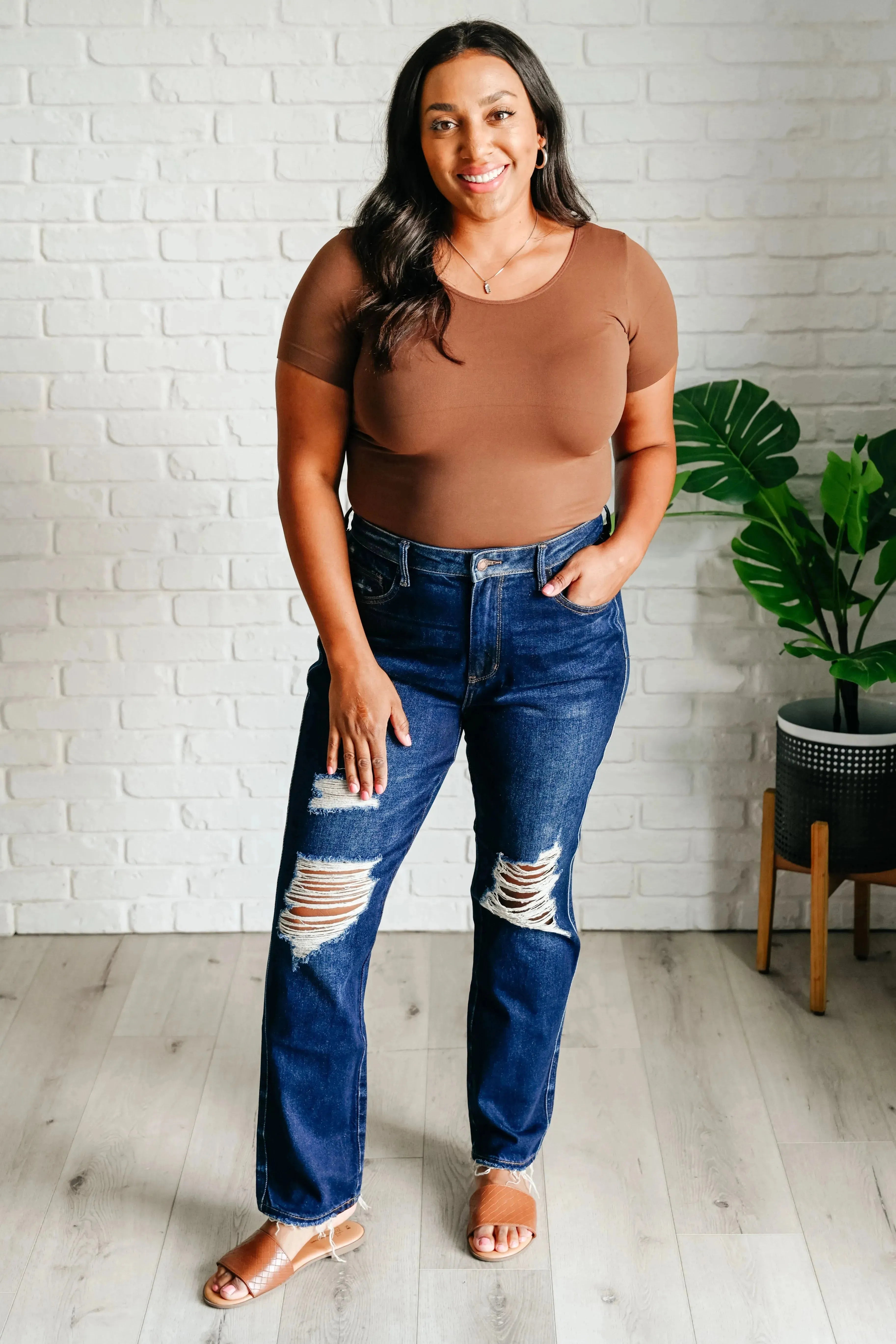 Judy Blue Denim Montana High Rise Rigid Magic Distressed Straight Jeans - Whatever You Like Shop