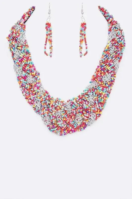 Mix Chain Beaded Weaved Statement Necklace Set - Whatever You Like Shop