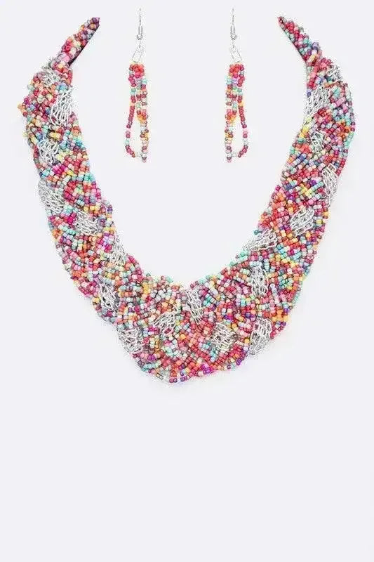 Mix Chain Beaded Weaved Statement Necklace Set - Whatever You Like Shop