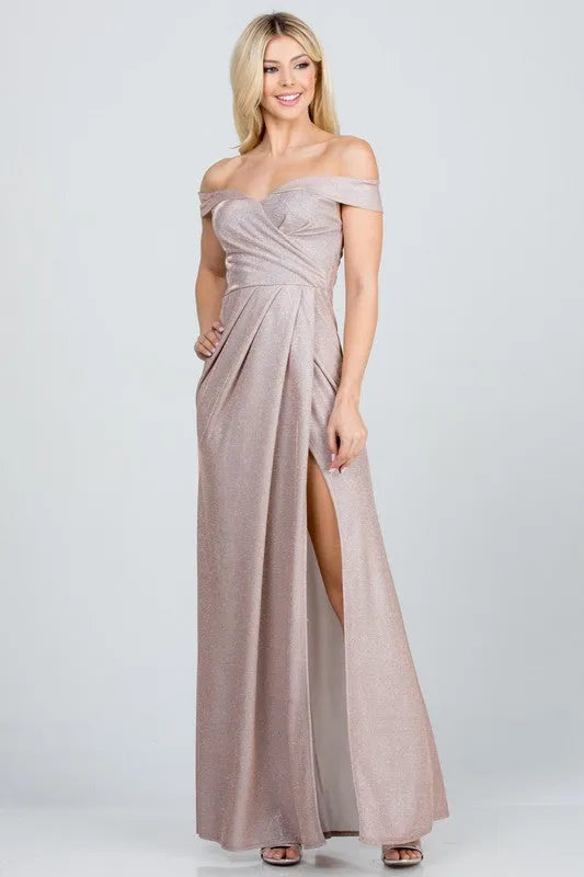 Off the shoulder glittery jacquard gathered gown - Whatever You Like Shop