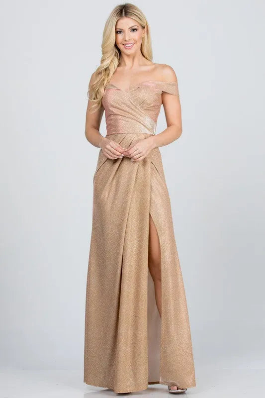 Off the shoulder glittery jacquard gathered gown - Whatever You Like Shop