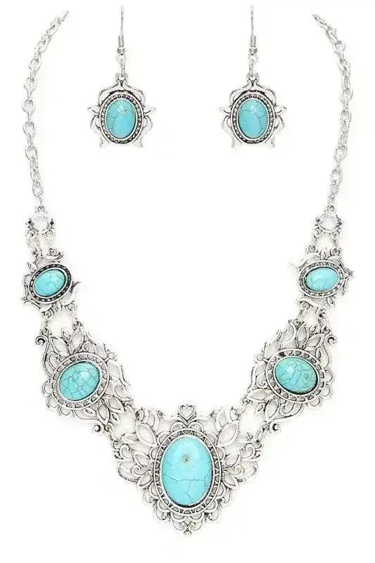 Oval Stone Motif Necklace Set - Whatever You Like Shop