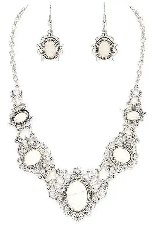 Oval Stone Motif Necklace Set - Whatever You Like Shop