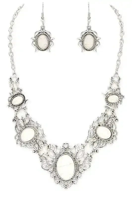 Oval Stone Motif Necklace Set - Whatever You Like Shop