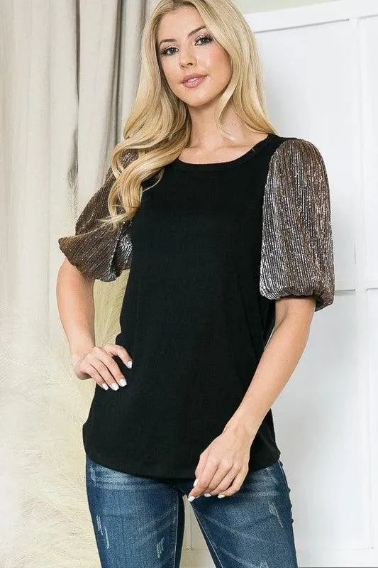 Pleat Bubble Sleeve Knit Top - Whatever You Like Shop