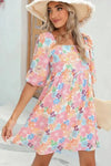 Square neck bubble puff sleeve floral coral dress - Whatever You Like Shop