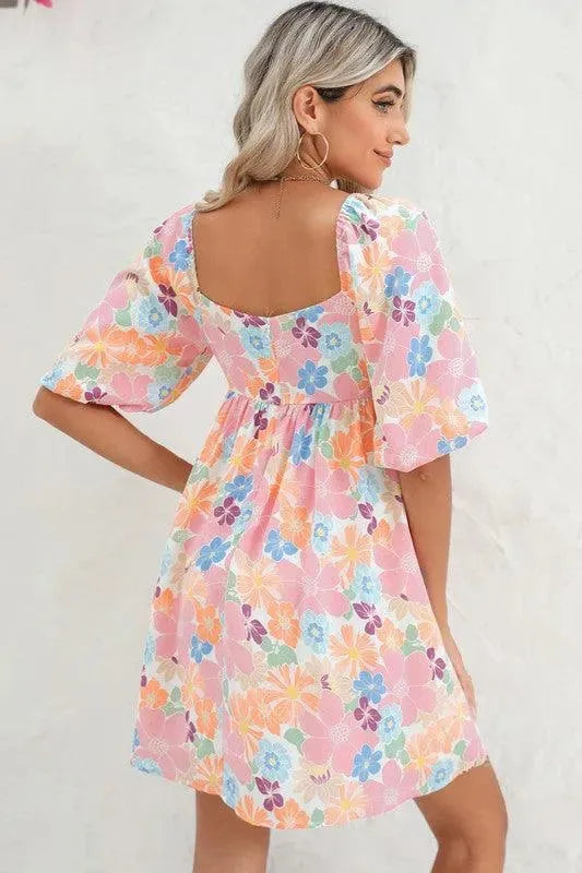 Square neck bubble puff sleeve floral coral dress - Whatever You Like Shop