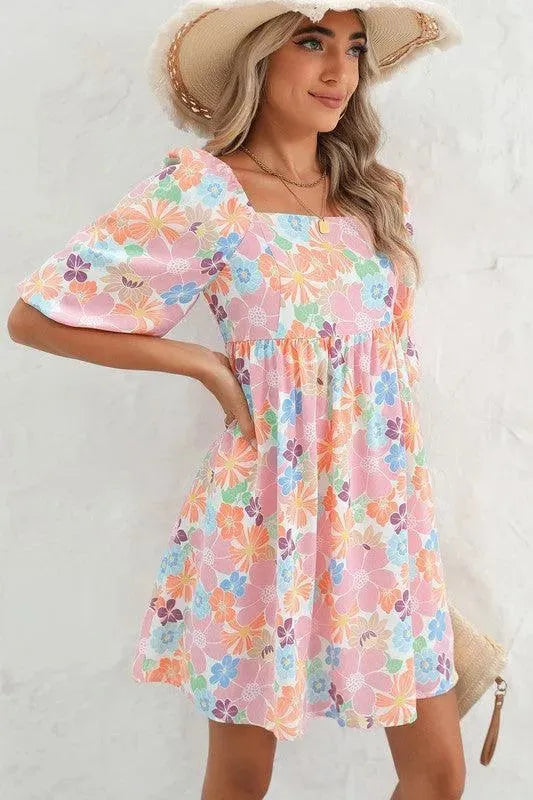 Square neck bubble puff sleeve floral coral dress - Whatever You Like Shop