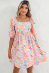 Square neck bubble puff sleeve floral coral dress - Whatever You Like Shop