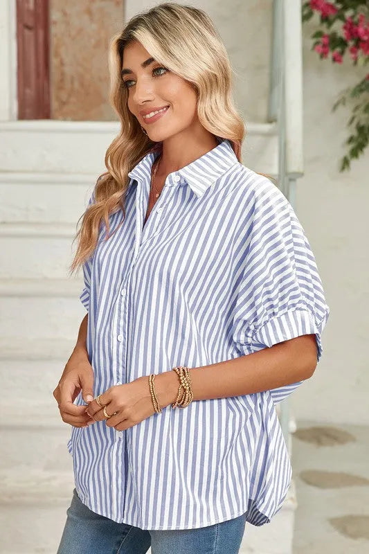 Stripe Button Up Dolman Shirt - Whatever You Like Shop