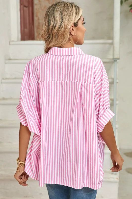 Stripe Button Up Dolman Shirt - Whatever You Like Shop