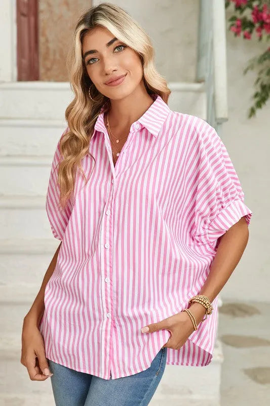 Stripe Button Up Dolman Shirt - Whatever You Like Shop