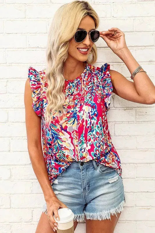 Summer Women Floral Print Tank Top with Ruffles - Whatever You Like Shop