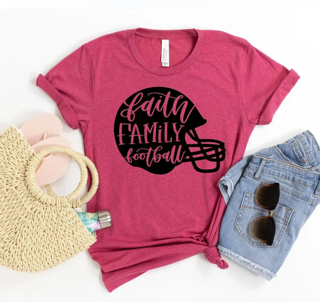 Women’s Bella Canvas Faith Family Football T-shirt - Whatever You Like Shop